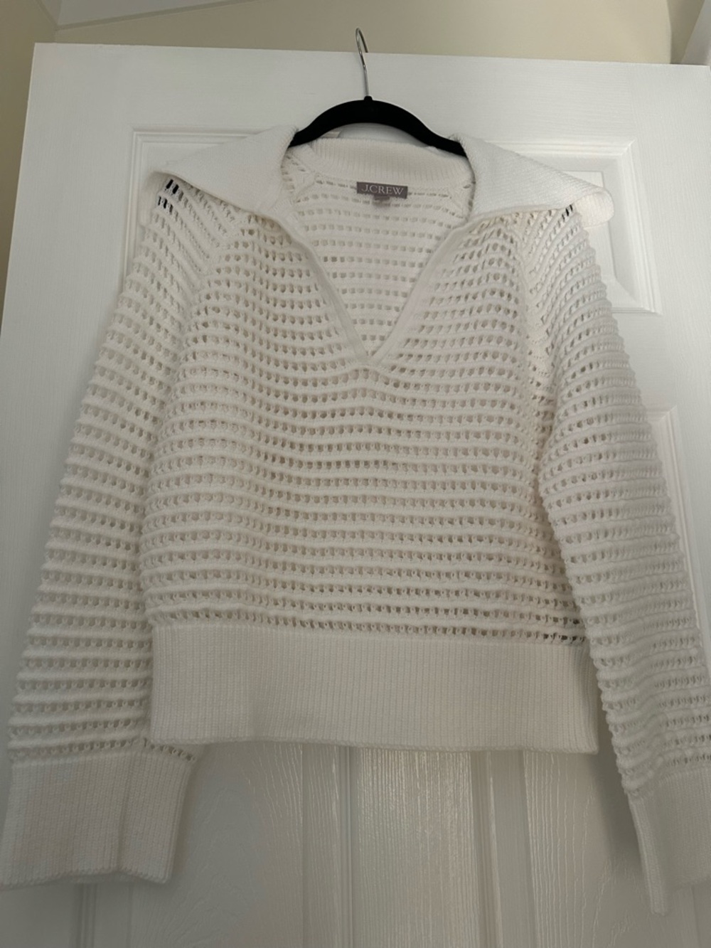 J. Crew White Open-Weave V-Neck Sailor  Collared Sweater.